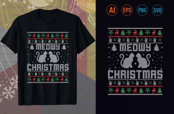 MEOWY CHRISTMAS T Shirt Design SVG: Graphics & Print Templates